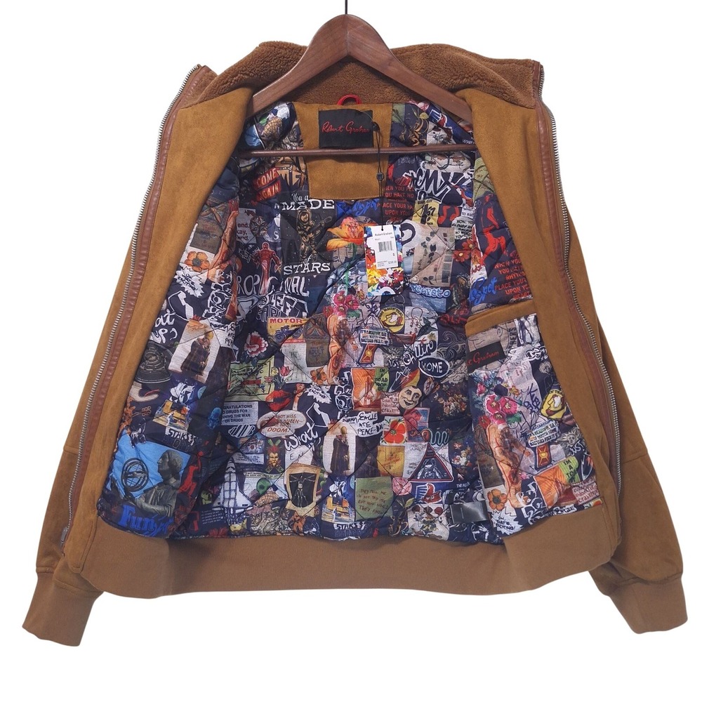 Robert Graham RG-51 Mens S Faux Suede Bomber Jacket Pop Art Quilt Lining Tan NWT - Picture 3 of 15